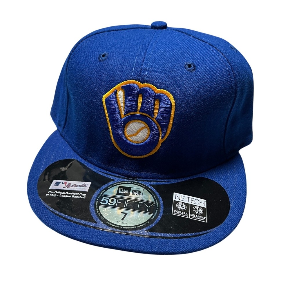 New Era Milwaukee Brewers‎ Hat Mens 7 Blue 59FIFTY MLB On-Field Fitted Cap